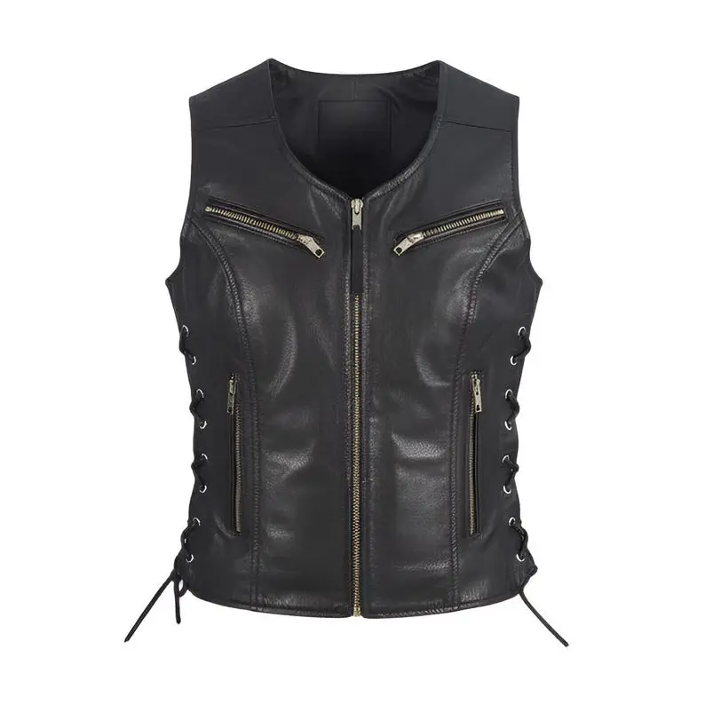 Women’s Black Genuine Leather Biker Vest, Lace Up Sides Slim Fit Vest