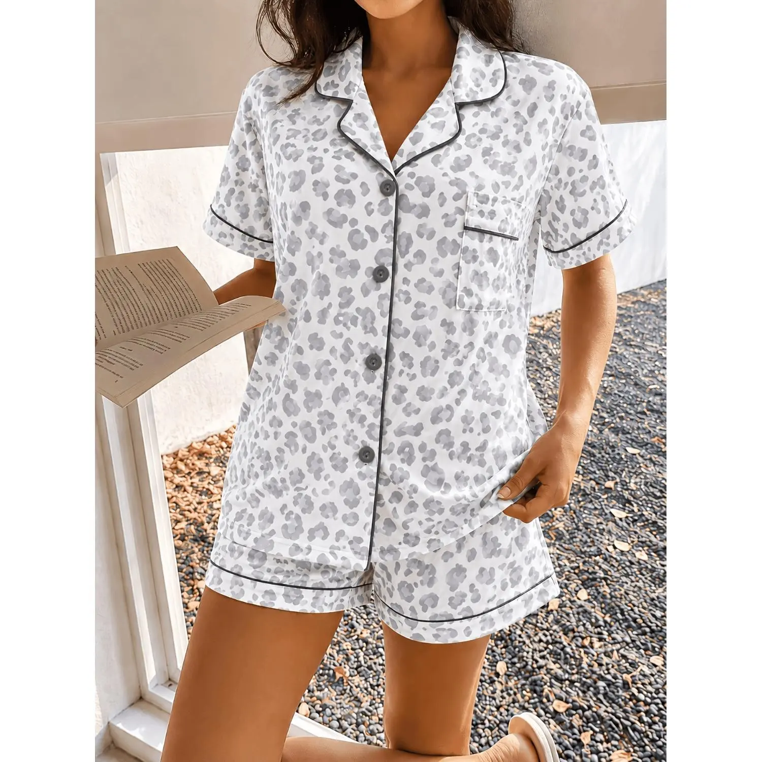 Women's Grey Leopard Print Pajama Set - Short Sleeve Button-Down Top & Soft Shorts, 2-Piece Loungewear for Sleep & Relaxation