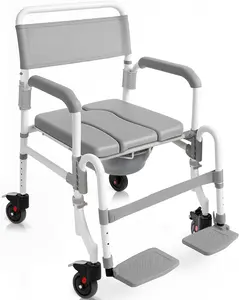 Rolling Commode & Shower Chair with Wheels - 3 in 1 Transport Wheelchair for Inside Bathroom & Bedside - for Disabled Adults, Elderly, Seniors & Handicap