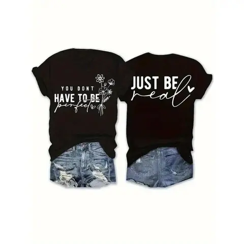Women's 100% Cotton Slim Fit Short-Sleeve Round Neck T-Shirt - Peel-Resist Double-Sided Floral Print, "You Don't Have to Be Perfect" Motivational Quote, Machine Washable Casual Top for Spring,Summer, Peel‑Resist Print, Motivational Quote Women's T-Shirts