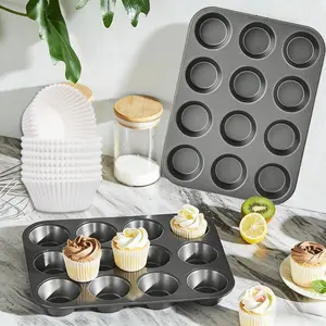 1Set Muffin and Cupcake Baking Pan, 12-cup Muffin Pan, Non-stick, Scratch-resistant, Easy to Release, Suitable for Home and Party Baking, Black