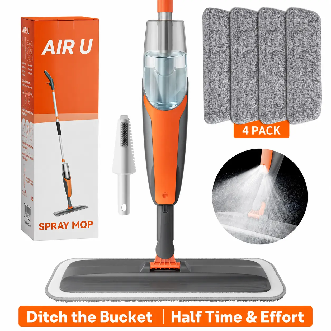 AIR U Multifunction Durable Microfiber Spray Mop with 360° Swivel Head, 420ml Detachable Refillable Water Tank, 4 Washable Cleaning Pads for Hardwood, Tile Floors, Smooth, Handheld