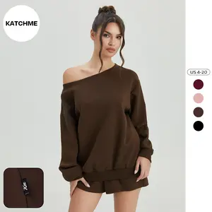 KatchMe Women's Solid Color Sloping Shoulder Long Sleeve Top & High Waist Shorts Co-ord, Minimalist Loose Two Piece Outfits, Casual Tracksuit (2)