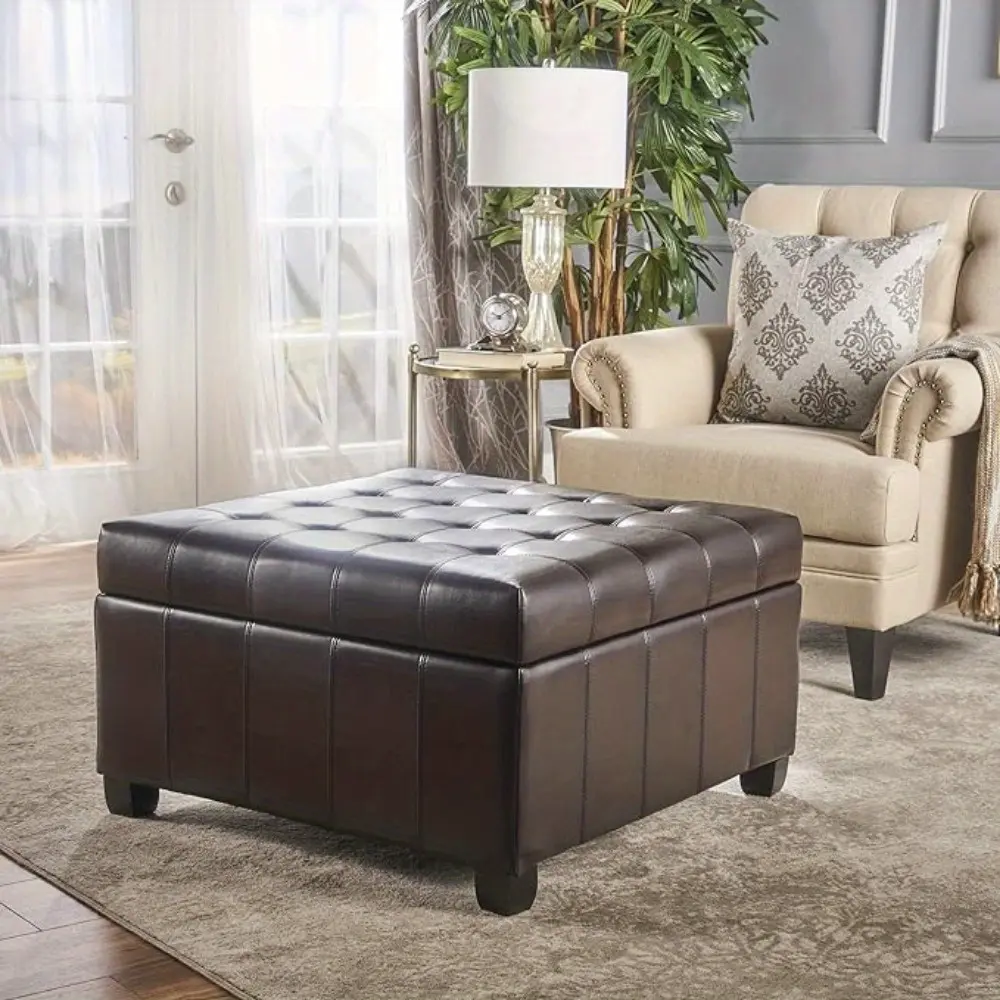 Home Essentials ISABELLA Regal Brown Faux Leather Ottoman - Sturdy Wood Storage Bench with Luxurious Tufted Lid, A Perfect Elegant Accent for Your Living Room and Versatile Home Decor Solution