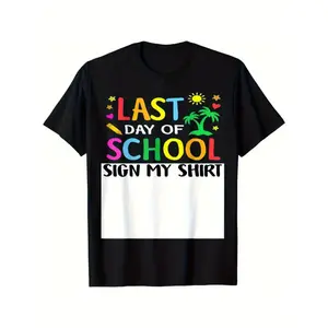 Colorful 'LAST DAY OF SCHOOL' Graphic T-Shirt for Boys Ages 6-14 - Fun Casual Black Tee with Vibrant Designs, Featuring Palm Trees, Hearts, and Stars, Ideal for End of School Year Celebrations and Summer Adventures (3-13Y)