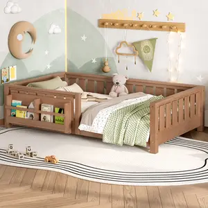 Twin/Full/Queen/Size Floor Bed Frame with built-in bookshelf and high-quality safety guardrail, Solid Wood Platform Bed Frame