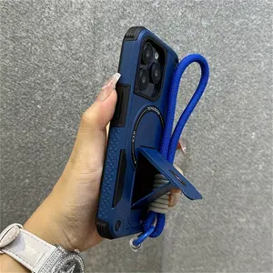 Luxury Magnetic Holder Phone Case With Wristband Cases For IPhone 16 15 14 13 12 11 Pro Max 16Plus Soft Silicon Shockproof Back Cover. Wireless Grey Silicone