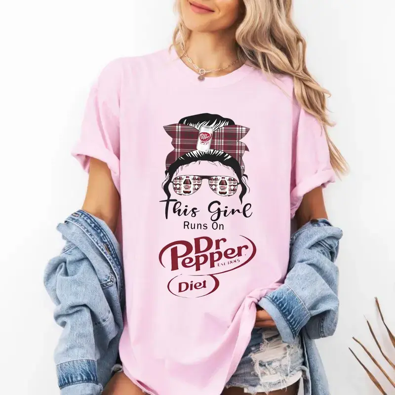This Girl Runs on Dr Pepper Diet T-Shirt, Cute Hair Bun Can Glasses Tee, Soda Lover Top for Women, Funny Summer Graphic Gift Idea