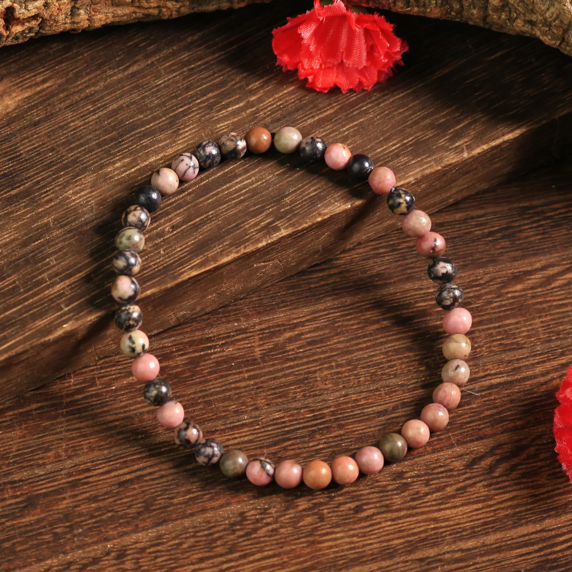 Natural Rhodonite 4mm Round Beaded Handmade Stretch Bracelet, Protection Gemstone Crystal Jewelry for Men, Ideal Yoga Gift Accessory