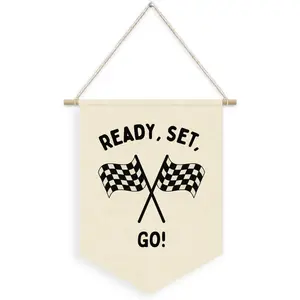 Race Car Room Decor for Boys Linen Pennant Banner - Ready Set Go Racing Pennant Flag Banner Wall Hanging Decor for Car Room Decor for Boys Playroom Nursery