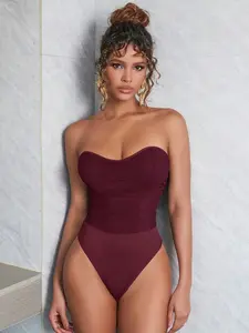 Women's Ruched Corset Bodysuit Sexy Mesh Semi-sheer, Heart Neck Tummy-Control High Waist Cheeky Strapless Bodysuit, Clubwear Party Night Out Top, A little See Through