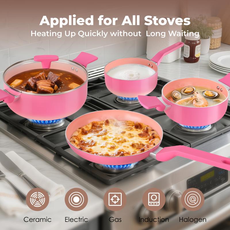 MGKKT Ceramic Cookware Sets 17 Pcs Non-Stick Pot and Pan Set with Oil Polymerization Design Healthy Non-Toxic Cooking RV Camping Stackable PTFE/PFOA Free Pink blackfriday black friday deals 2025 TiktokShopBlackFriday