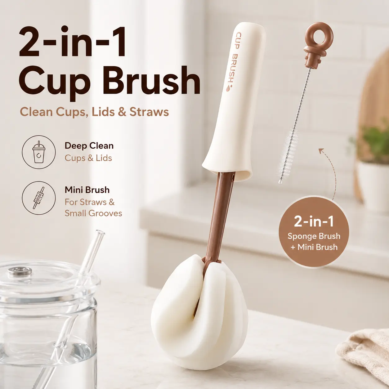 2-in-1 Long Handle Cup Brush with Self-Wringing Squeezer & Cleaning Sponge, Hangable Kitchen Deep Cleaner for Baby Bottles, Newborn Home Care Supplies Tool