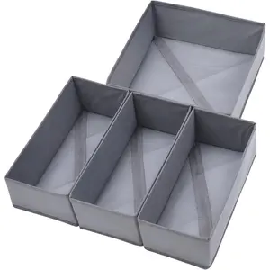 Foldable Fabric Drawer Organizer Set 4 Pack Dresser Dividers - Sock Underwear Storage Bins Gray
