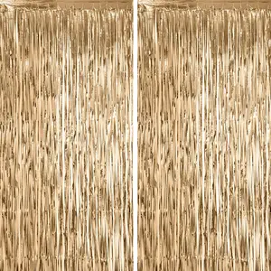 2PCS 1X2M Champagne Foil Fringe Backdrop Curtains Tinsel Streamers Birthday Party Decorations Fringe Backdrop for Anniversary, New Years, Birthday Party