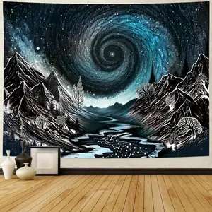 Black and White Mountain Tapestry Trippy Galaxy Tapestry Magical Space Stars Tapestry Starry Night Tapestry Sketched Forest Trees Wall Hanging Nature River Landscape Tapestry for Bedroom