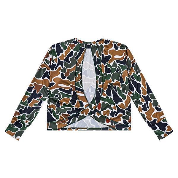 Women's Camo Long Sleeve Oversized Shirts Casual Hollow-out T-Shirts Pullover Crew Neck Tops Fall Fashion Outfits