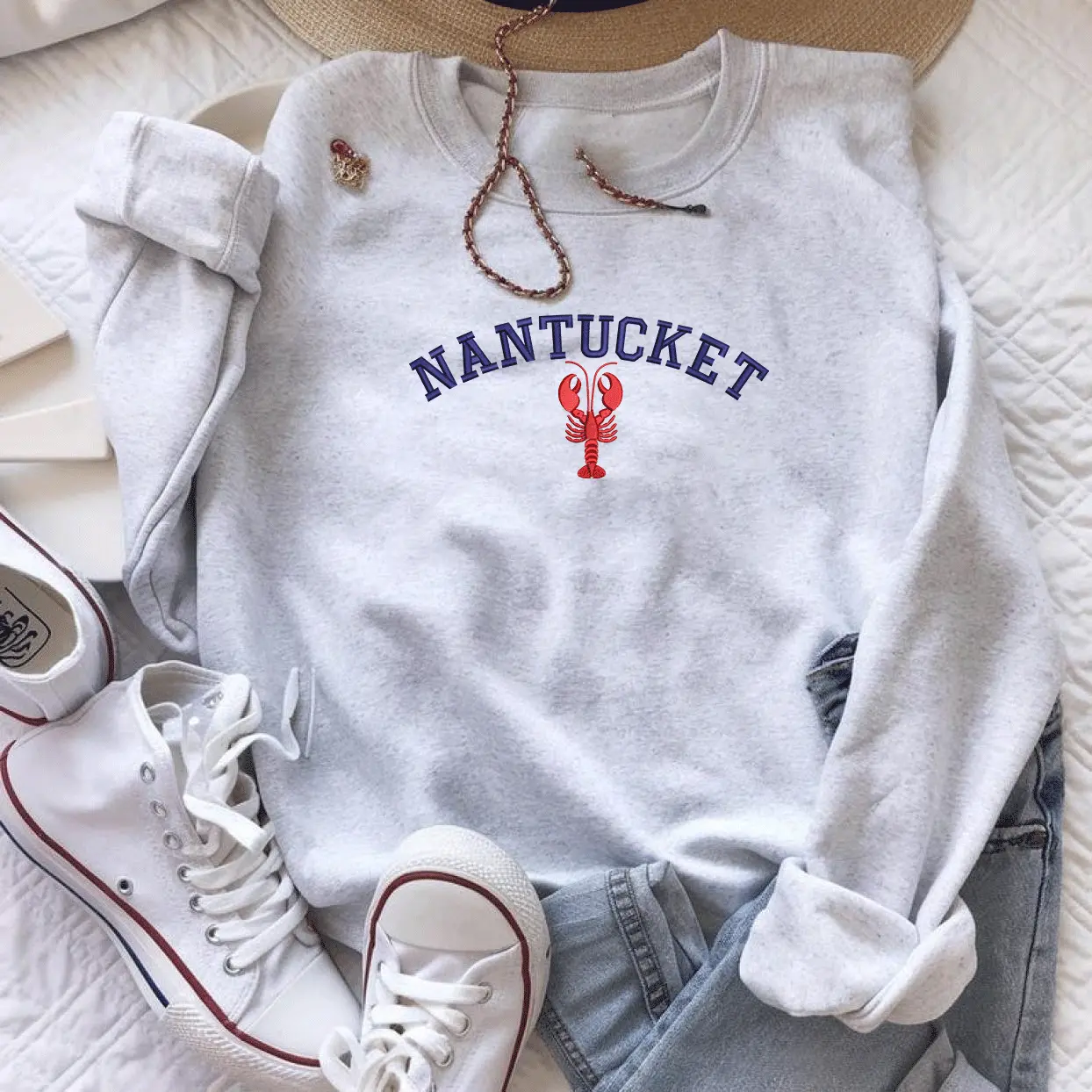 Nantucket Lobster Embroidered Sweatshirt, New England Coastal Crewneck, Beach Summer Gift, Preppy Vacation Shirt, Cape Cod Shirt