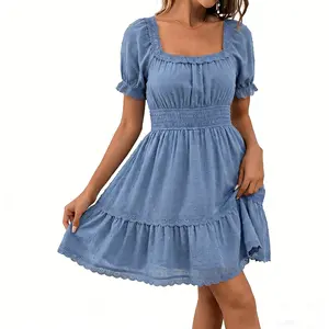 Florboom Women's Summer Boho Swiss Dot Mini Dress – Puff Sleeves, V-Neck, Smocked Waist, A-Line, Side Pockets – Vacation, Party, Daily Wear