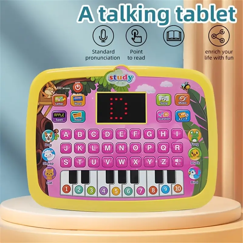Toddler Educational Learning Tablet - Portable Plastic-Body LED Screen Toy with Alphabet, Numbers, Words, Music, Math, Vibrant Visuals, AA Battery-Powered, Yellow & Green, Early Development Birthday Surprise, Toddler Tablet