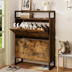 HOMMPA Shoe Storage Cabinet with 2 Flip Drawers, Freestanding Shoe Organizer with Metal Legs for Entryway, Narrow Shoe Rack Cabinet, Rustic Brown