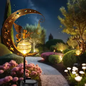 Solar Powered Garden Decor Lights Moon Fairy Crackle Glass Globe with Gold Angel Decor Waterproof Stake Lights for Pathway, Yard, Lawn, Patio Outdoor Decor Garden Gifts Decoration