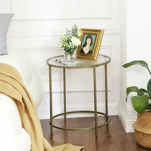 SONGMICS Glass Round Side Table with Metal Frame