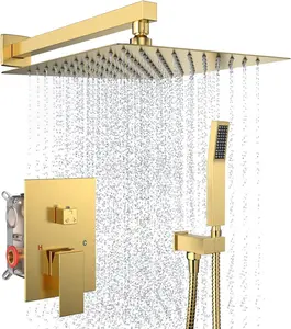 Rain Shower System 12 Inches Shower Head with Handheld Combo Set for Bathroom,High Pressure Rainfall Shower Faucet Set Wall Mounted,Rough-in Valve and Trim Kit(Brushed Gold)