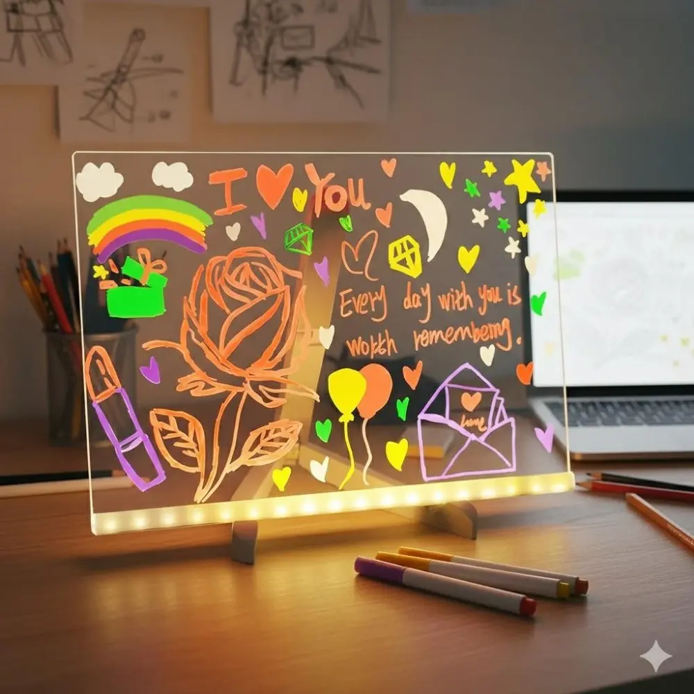 Multifunctional Glowing Drawing Board Desk Lamp with Eye Protection, Erasable Whiteboard, and Colorful Markers for Kids Learning. Acrylic Message Board for Home Office Decor. Perfect Autumn gift for Children's Study Room.