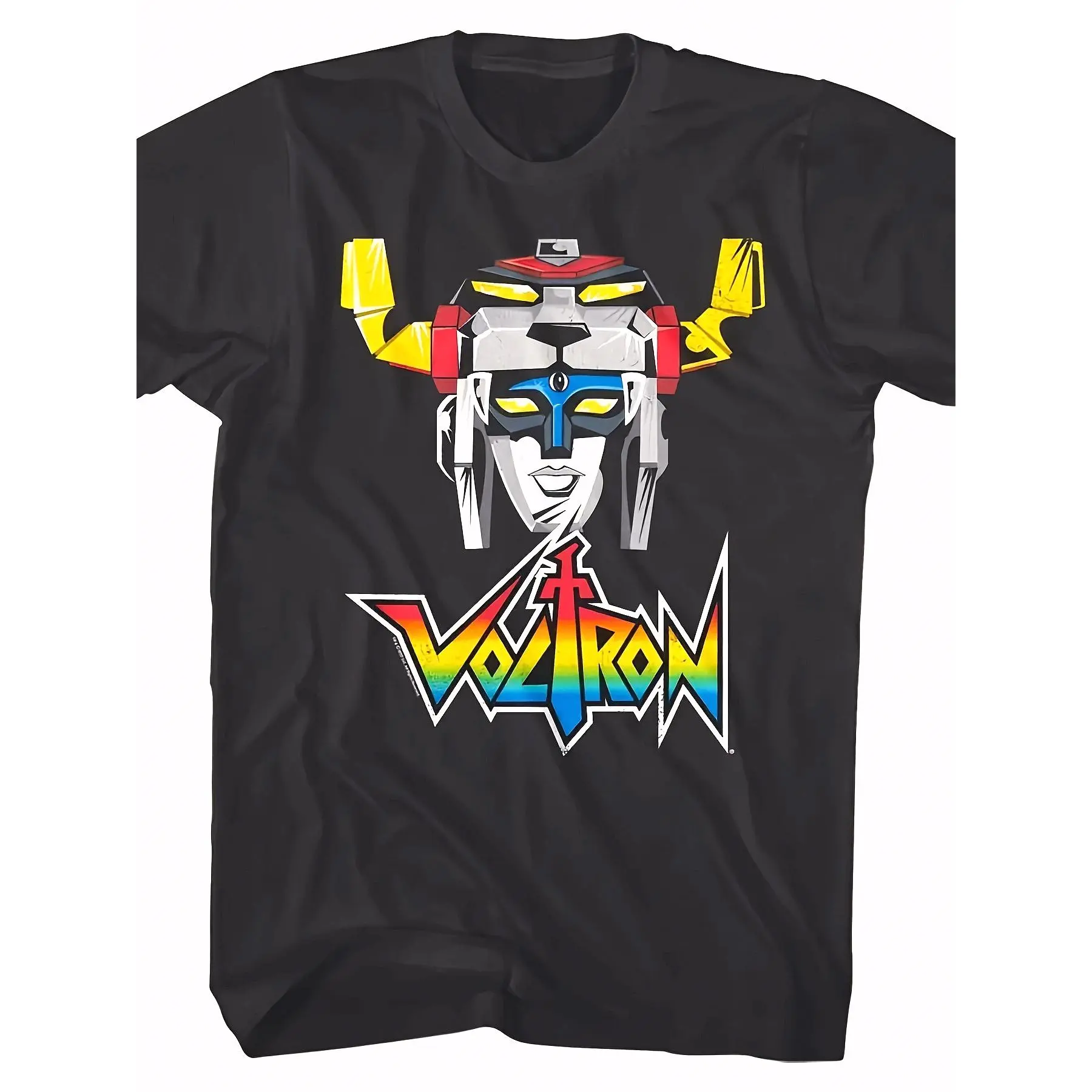 Men's Vintage Voltron Robot Graphic T-Shirt - Black Cotton Crew Neck Tee with Colorful Golion Team Defender Design, Casual Fit, Slight Stretch, All-Season Wear,