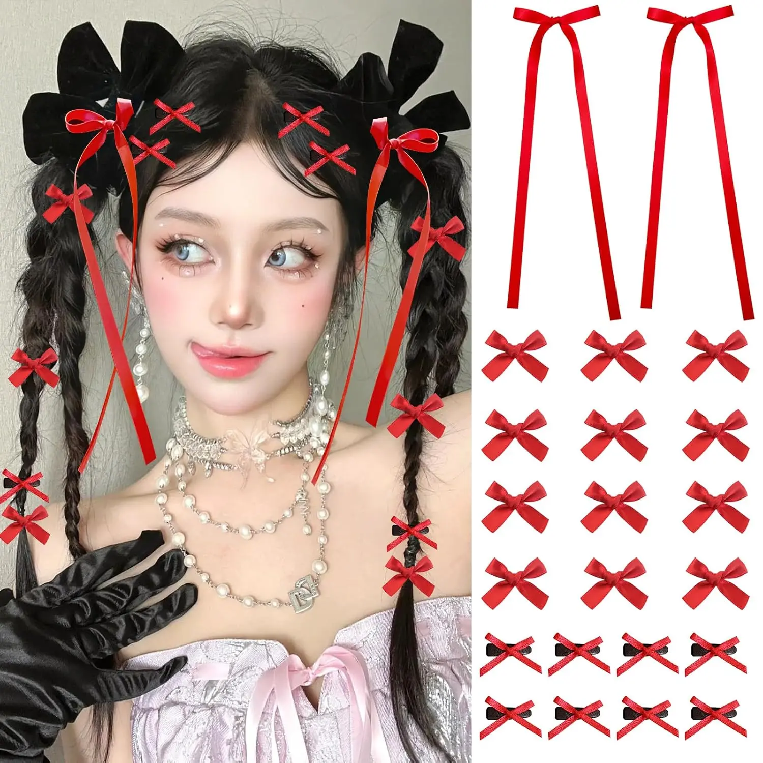 Mini Hair Bows for Women Girls Cute Hair Clips Small  Long Tail Hair Ribbon Accessories -3 Styles -22P - Red