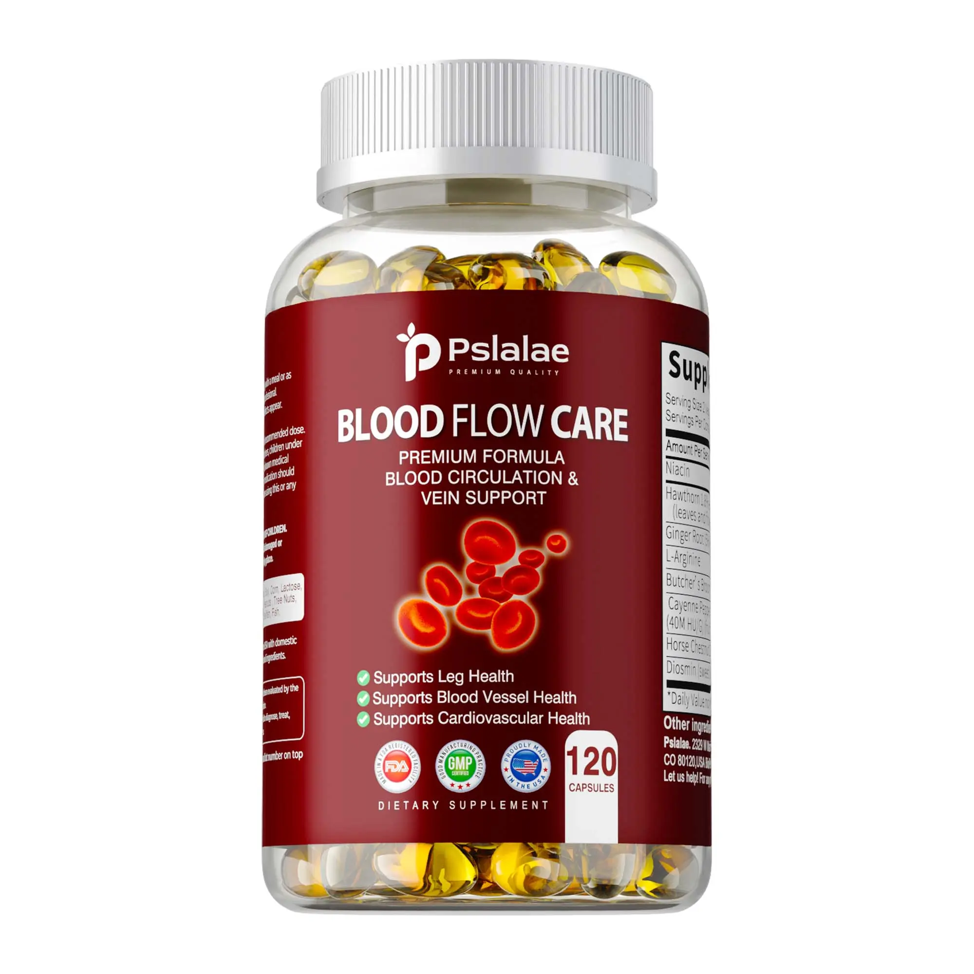Pslalae Blood Circulation Support Capsules — Premium herbal formula (featuring L-Arginine, Niacin, and Hawthorn) to support cardiovascular and leg health; a dietary supplement available in 60-count and 120-count sizes.