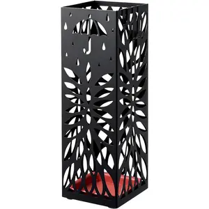 Square Umbrella Stand for Entryway, Metal Umbrella Holder with Removable Drip Tray & 4 Hooks, Freestanding Cold-Rolled Steel Umbrella Rack for Canes Walking Sticks Gift Wrap Tubes