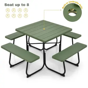 COSTWAY 8 Person Picnic Table with Umbrella Hole, Outdoor Square Picnic Table with 4 Built-in Benches, Metal Frame & HDPE Tabletop, Outside Table and Bench Set for Garden, Backyard, Porch, Patio -COSTST