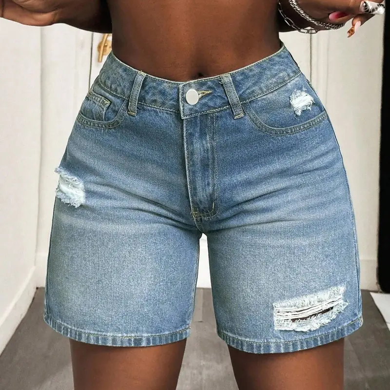 Women's Plus Size Distressed Denim Mom Shorts, Straight Leg Short Pants, Casual Fashion, Comfortable Fit, Perfect for Everyday Wear, Comfy Shorts