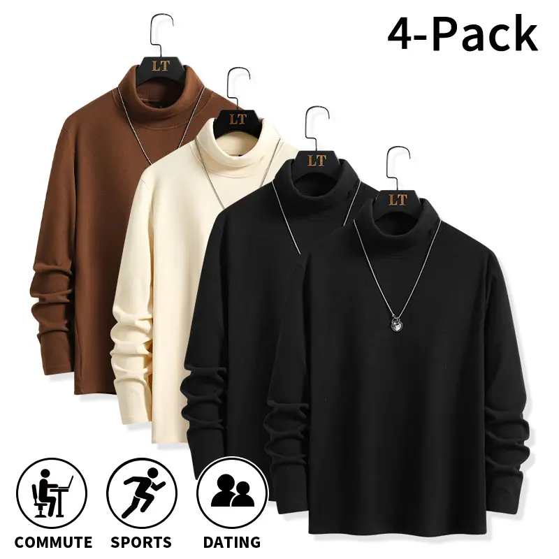 Delun Menswear Plain Slim-Fitting Long Sleeve Basic Pullover Turtleneck Tops - Affordable Warm Skin-Friendly Casual Apparel for Everyday Occasions (Available in 1-Piece or 4-Pack Sets)