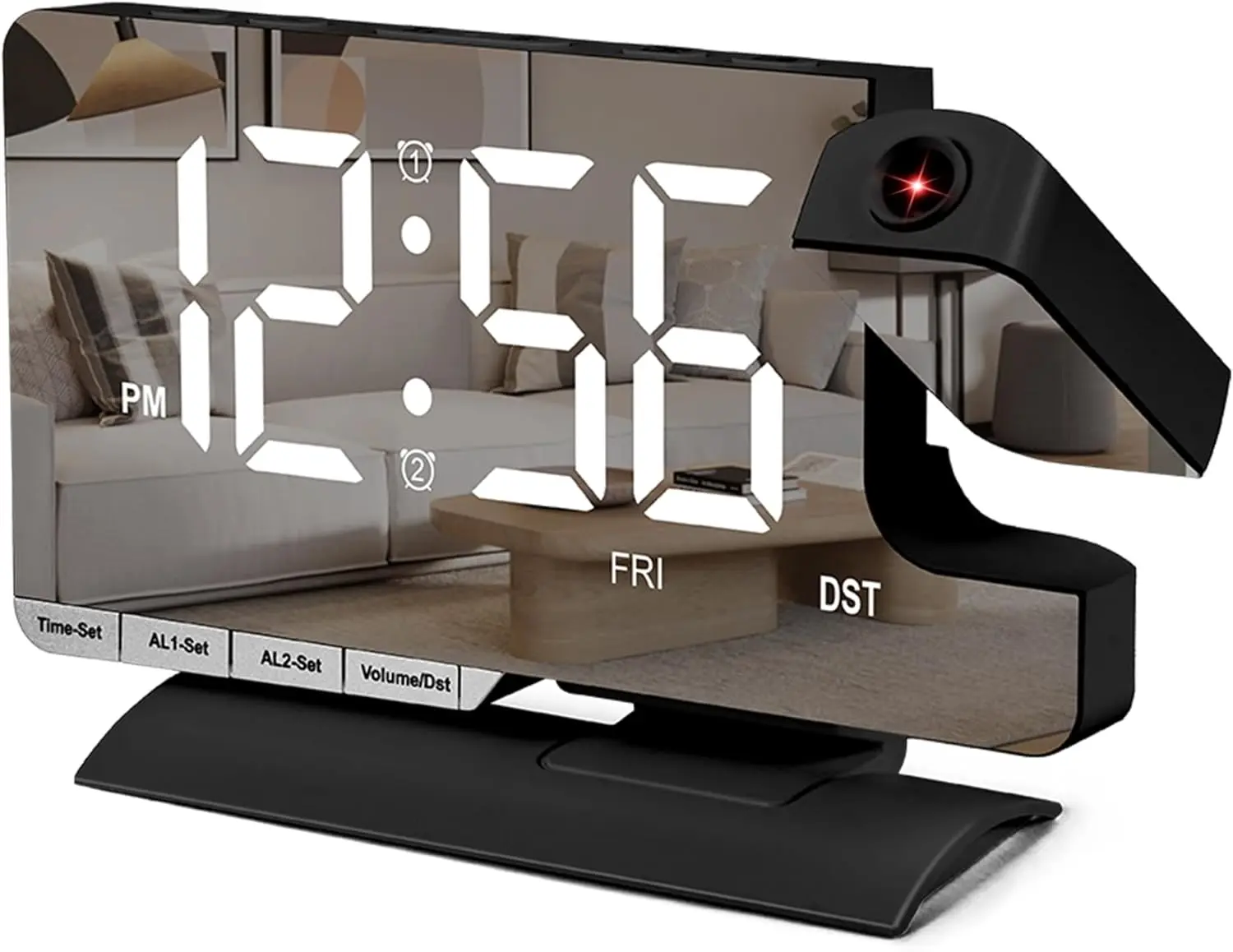 Digital Clock,Alarm Clock Bedside with Projection,7.3" Mirror Clock with 180°Rotating Projector,Dual Alarm with 3 Mode,Brightnee Adjust,DST,Snooze,Charging Port,5 Levels Volume for Desk Teens