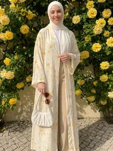 Elegant Floral Print Abaya Set with Headscarf, Casual Fashion Open Front Coat, Modest Islamic Abaya, Perfect for Parties, Holidays, Home Wear