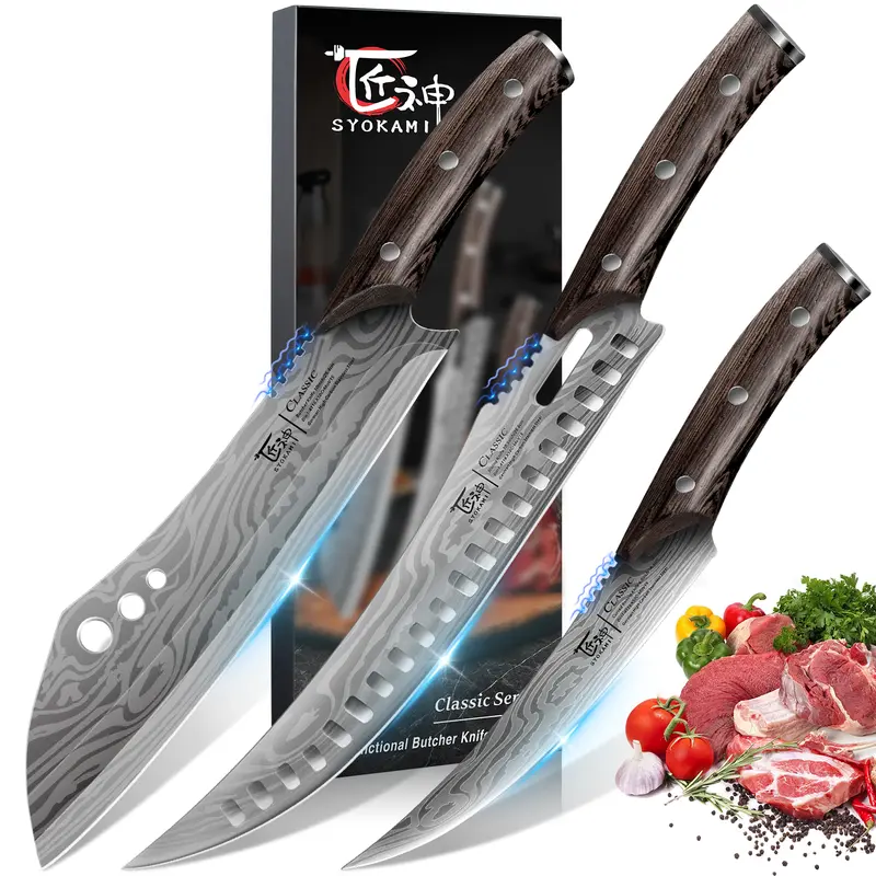 SYOKAMI 3PCS Japanese Forged High Carbon Steel Knives Kitchen Set - FSC-Certified Wooden Handle, Gear Teeth Grip Meat Bone Cleaver, 20° Bone Separation Breaking-Boning Knife, Wooden Utensil Set, for Chopping Slicing - Thanksgiving House Warming Gifts