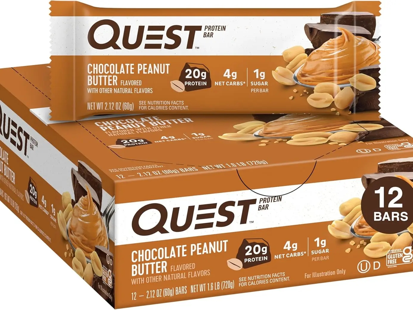 Quest Nutrition Chocolate Peanut Butter Bars, 20g Protein, 1g Sugar, 5g Net Carb, Gluten Free, Keto Friendly, 12 Count