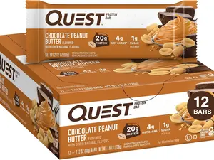 Quest Nutrition Chocolate Peanut Butter Bars, 20g Protein, 1g Sugar, 5g Net Carb, Gluten Free, Keto Friendly, 12 Count