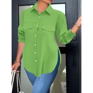 Plus Size Curved Hem Blouse, Casual Button Front Collared Blouse For Spring, Women's Plus Size?Clothing