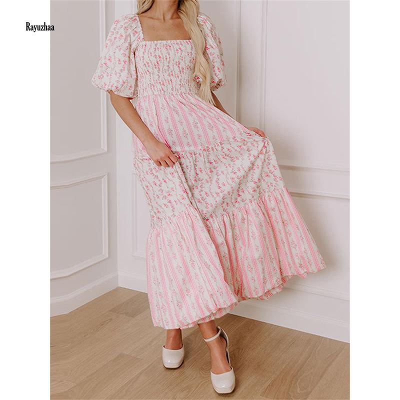Women Long Dress Floral Print Square Neck Short Sleeve Dress Summer Fashion Casual Dress Check Light Polyester Womenswear