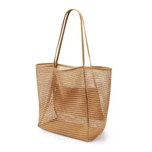 Beach Bags for Women, Summer Travel Mesh Tote Bag with Large Inner Pocket, Casual Tote Bag Hobo Women Foldable