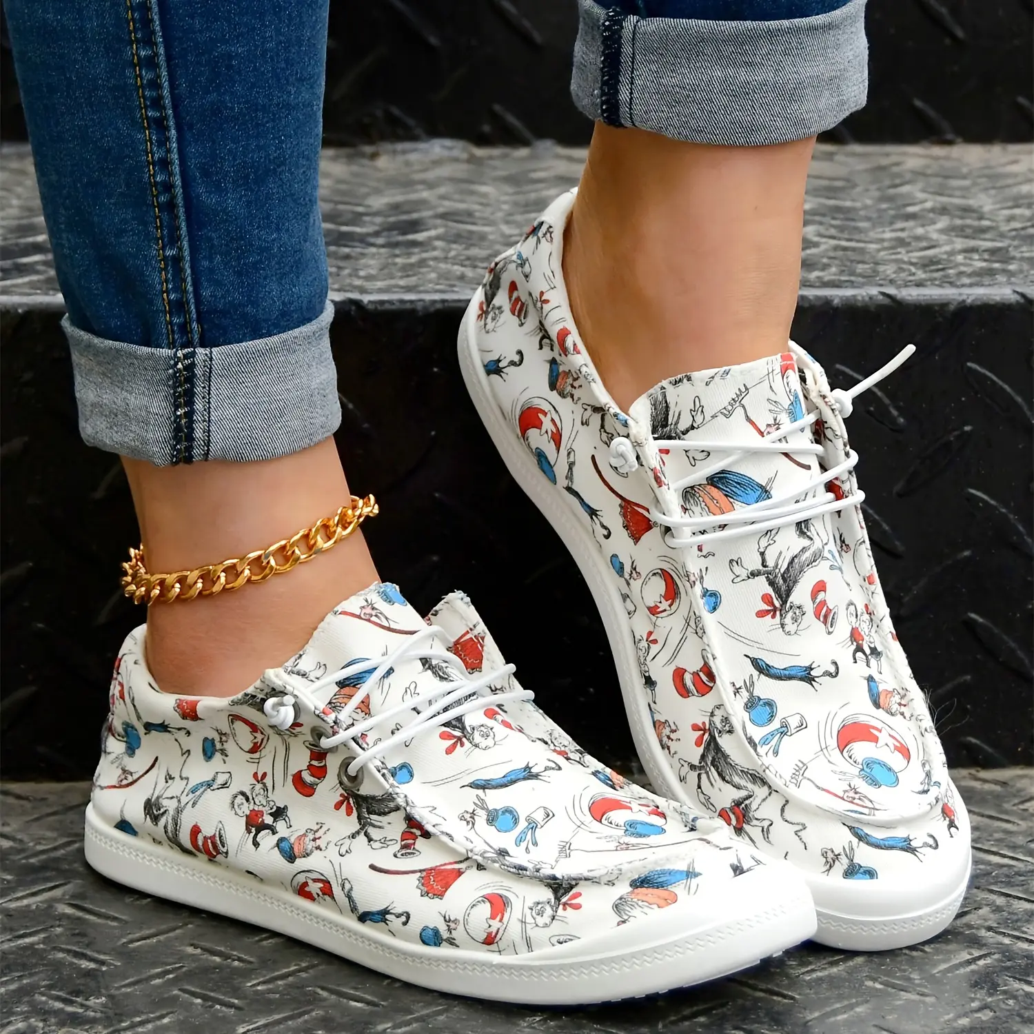 Women's Cartoon Print Flat Loafers, Lightweight Round Toe Comfortable Lace-up Canvas Shoes, Casual Low-top Shoes