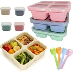 4 count Snack Box Containers Set,  4 Compartment Lunchable Container with 4 Sauce Pots, Stackable  Bento Box for Meal Prep Picnic Office Travel (4 Colors)