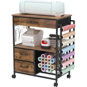 Storage Cart Compatible with Cricut Machines Stand  Machine Stand with Drawers and Vinyl Roll Holder Rolling Craft Cabinet Table for Cricut Craft Workstation (Rustic Brown)