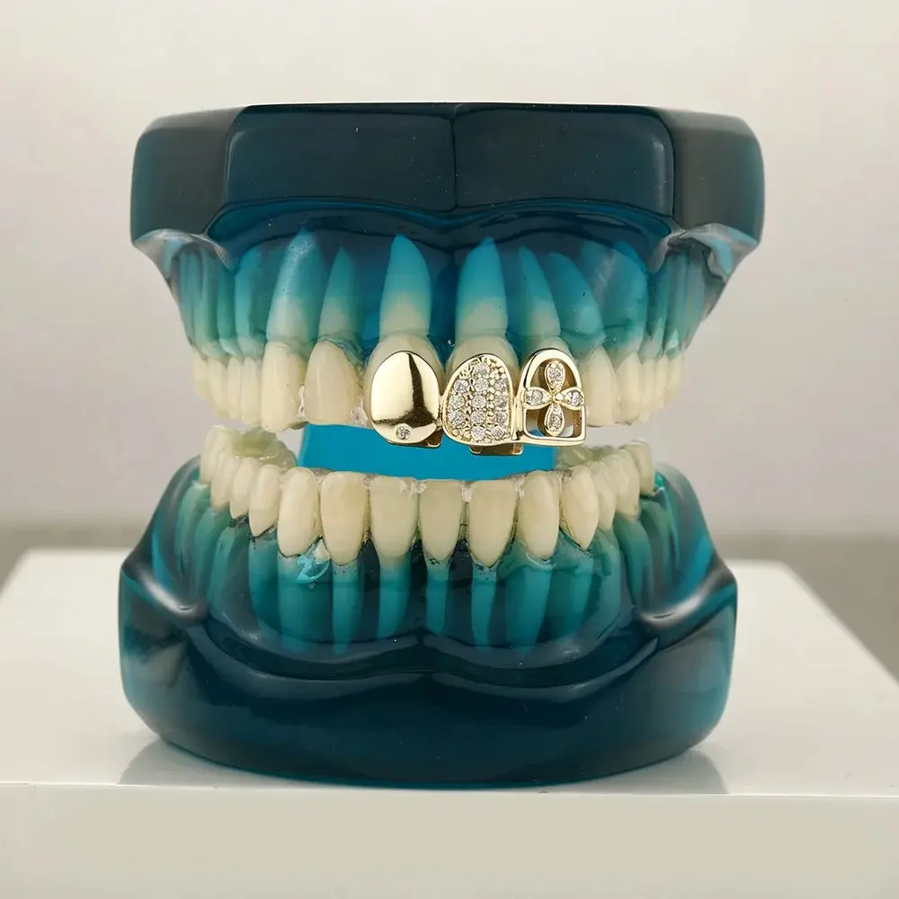 Hip Hop 3 Flower Zircon Teeth Grillz Vintage Smooth CZ Stone Tooth Caps For Women Men Bling Jewelry Dental Grills