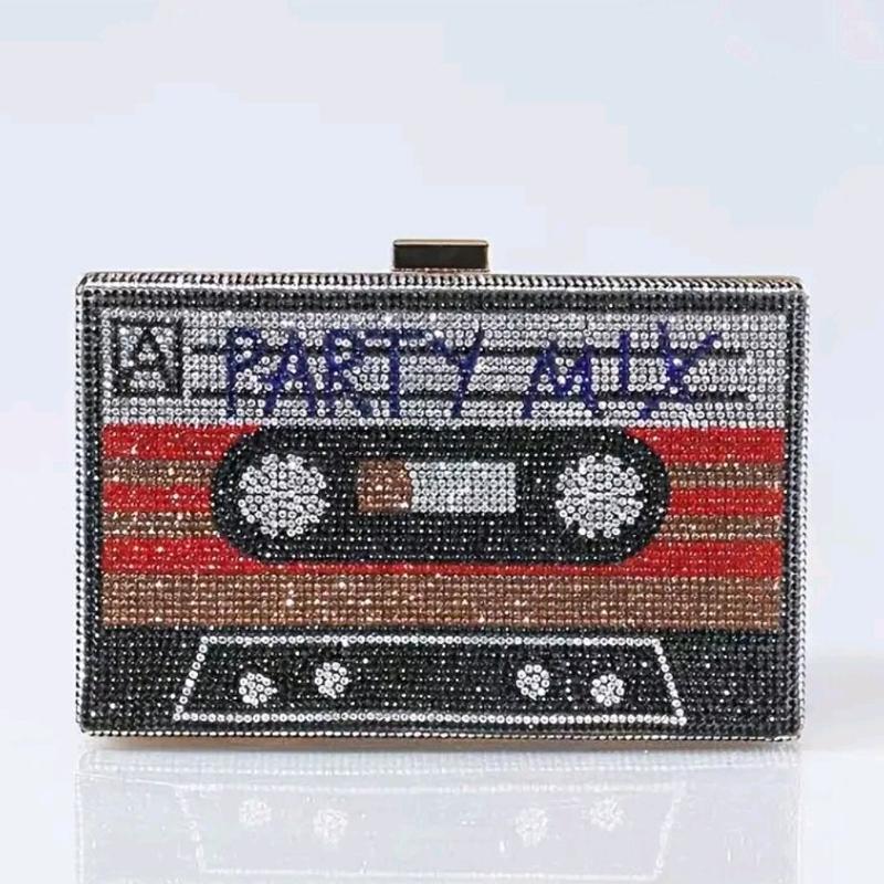 Retro Rhinestone Cassette Tape Design Evening Bag Party Mix Perfect for Night Out or Gift 20s Rock & Party Mix Styles