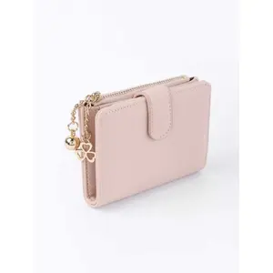 Clover & Spherical Accent Bi-fold Wallet for Women, Pink Foldable Zipper Pocket Wallet for Credit Cards & Cash Storage